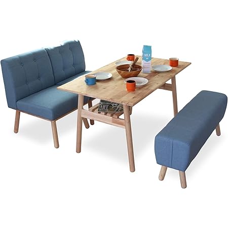 Amazon ダイニングセット ソファ スツール 4点 ブルー Lupus ルーパス 北欧風 ダイニングテーブルセット 4人掛け 低め 無垢 天然木 木製 リビングダイニングセット ナチュラル 人気 おしゃれ かわいい Gkw ダイニングセット オンライン通販