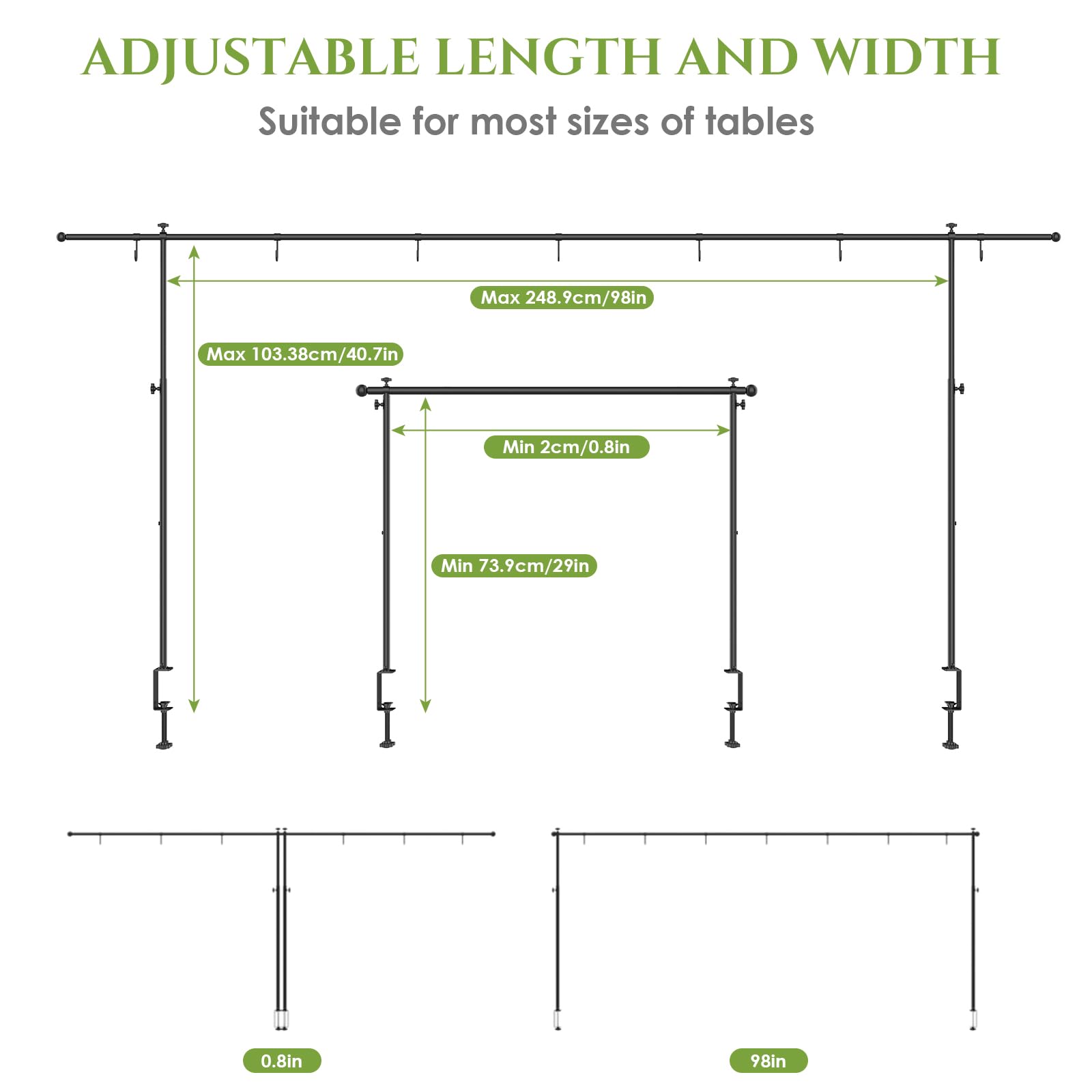tonchean Barre de suspension de table avec pinces - Longueur jusqu'à 248 cm, hauteur 74-103 cm, barre de présentation de table, support de serrage en métal noir pour décorations, mariage, anniversaire