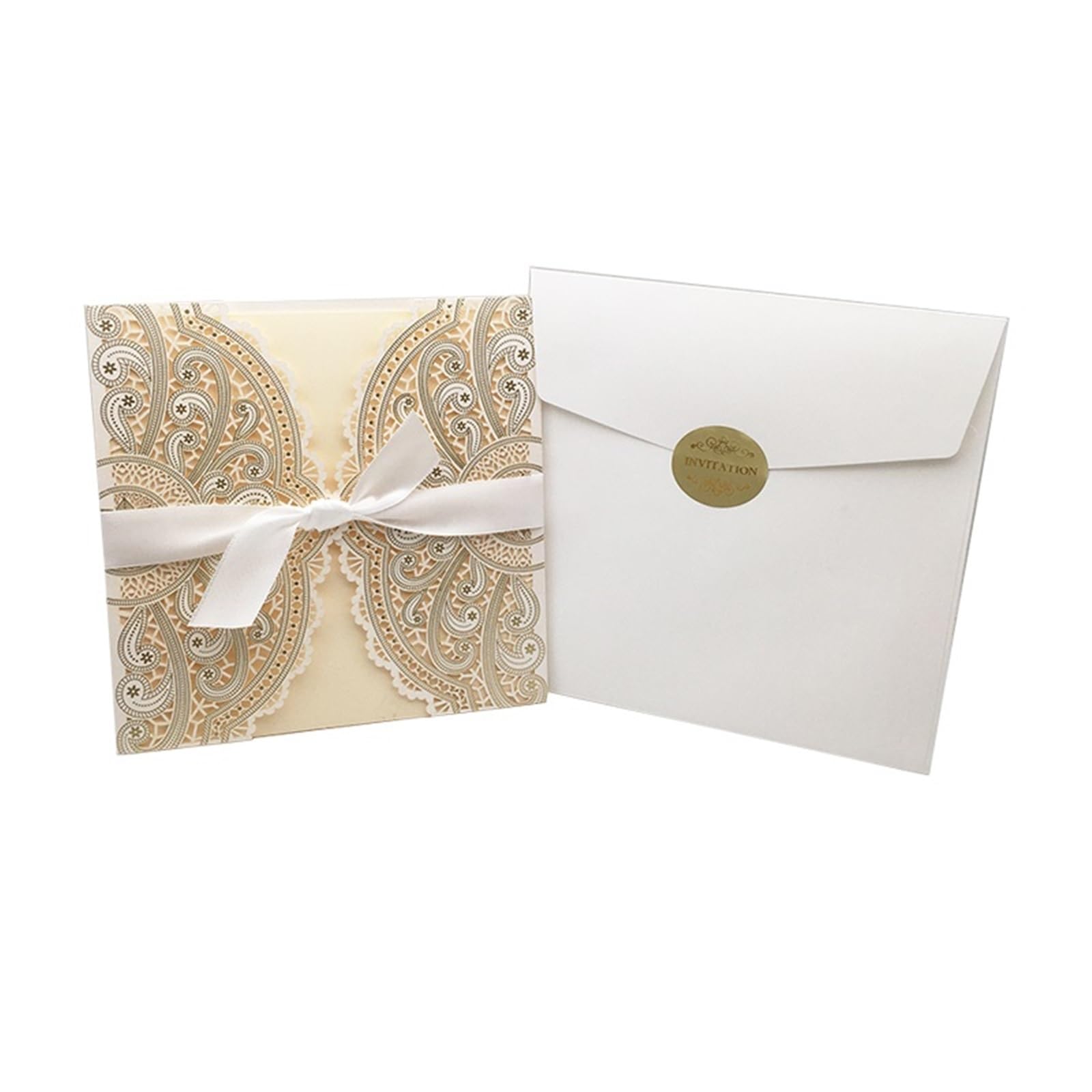 Lot de 10 cartes d'invitation mariage découpées au laser avec motif floral, carte vœux en dentelle personnalisée ruban, fournitures fête d'anniversaire, fiançailles et(One Set Ivory)