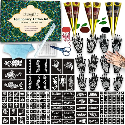 191 Pcs Temporary Tattoo Stencils Kit with 6 Tattoo Cones (2 Black, 2 Brown, 2 Dark Red), White Tattoo Outline Pen, Cotton Swabs & Towel | Perfect for Adults, Teens, Beginners, Family Fun & Parties