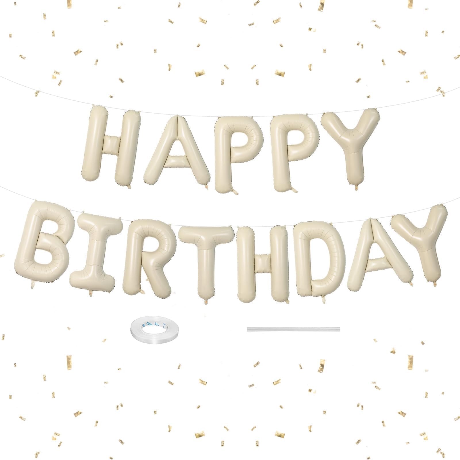 Happy Birthday Globos Banner Beige, 16 pulgadas Crema Blanco Mylar Papel Letras Cumpleaños Cartel Banner Banderín para Niños Niñas Hombres Mujeres Cumpleaños Fiesta Accesorios Decoración