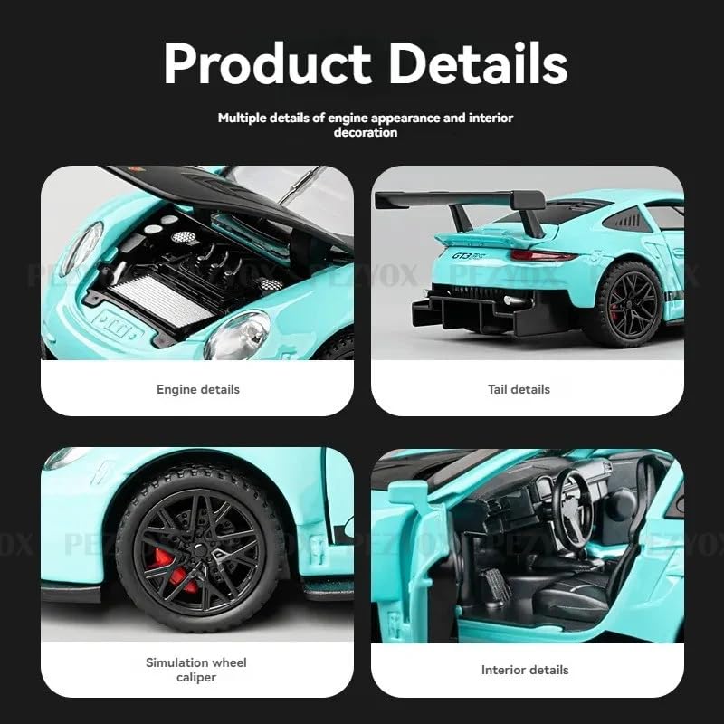 Image of 1:32 Porsche 911 GT3 RS Diecast Model Pull Back Toy Car with Sound & Light Openable Doors Miniature Racing Car for Kids & Collectors Gift for Boys & Adults (Green)