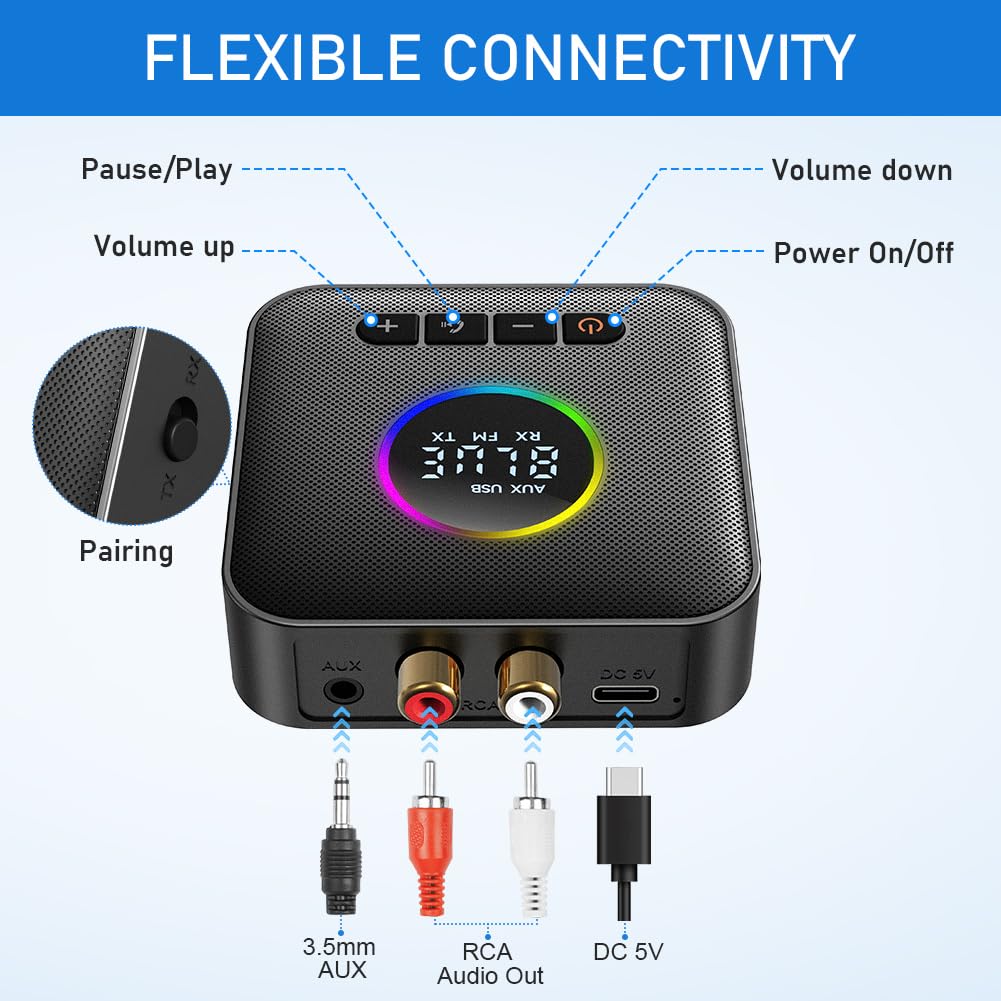 AXFEE Émetteur et Récepteur Bluetooth 5.4 2 en 1 - Adaptateur Audio Sans Fil Avec Jack 3.5 mm AUX et USB - Pour PC/Smartphone/Tablette/Récepteur AV