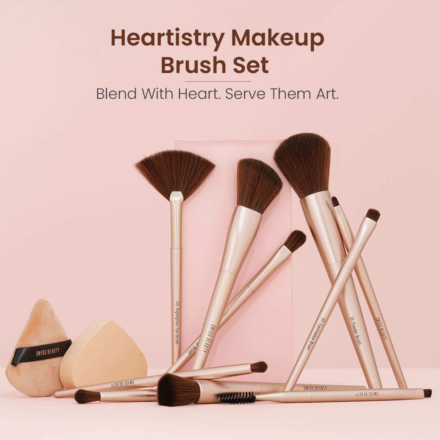 Swiss Beauty Heartistry - Set di pennelli da trucco, 12 pezzi, per viso, occhi e labbra, morbide setole sintetiche, multifunzionali, miscelazioni impeccabili, certificazione PETA, 12 pezzi