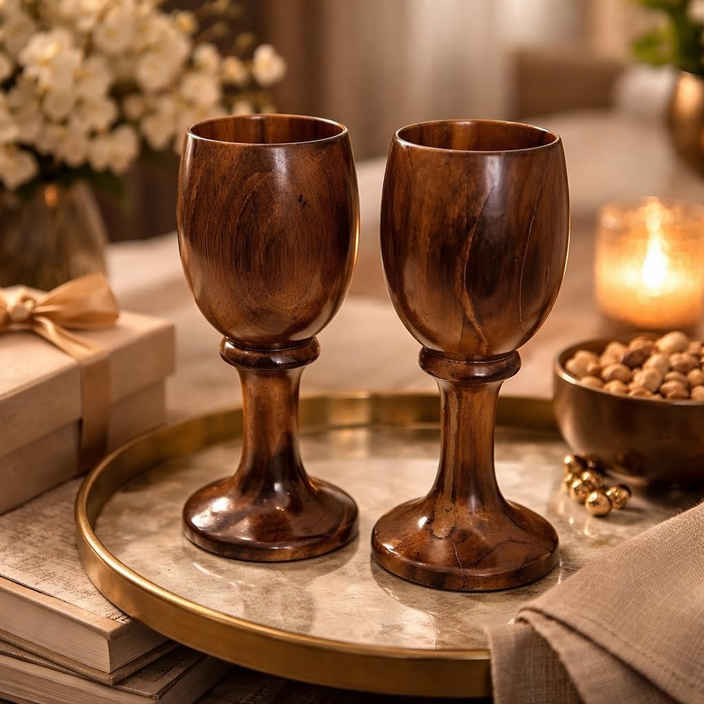 Handmade Wooden Wine Goblet Set of 2 Rustic Vintage Chalice Cups Eco Friendly Drinkware for Wine Mead Toasting Kitchen Bar Decor