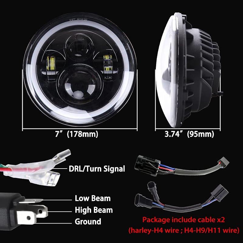 JMTBNO 7 Hüvelykes Motoros LED Fényszóró Kerek DRL Sárga Irányjelzővel Harley Jeep Kompatibilis