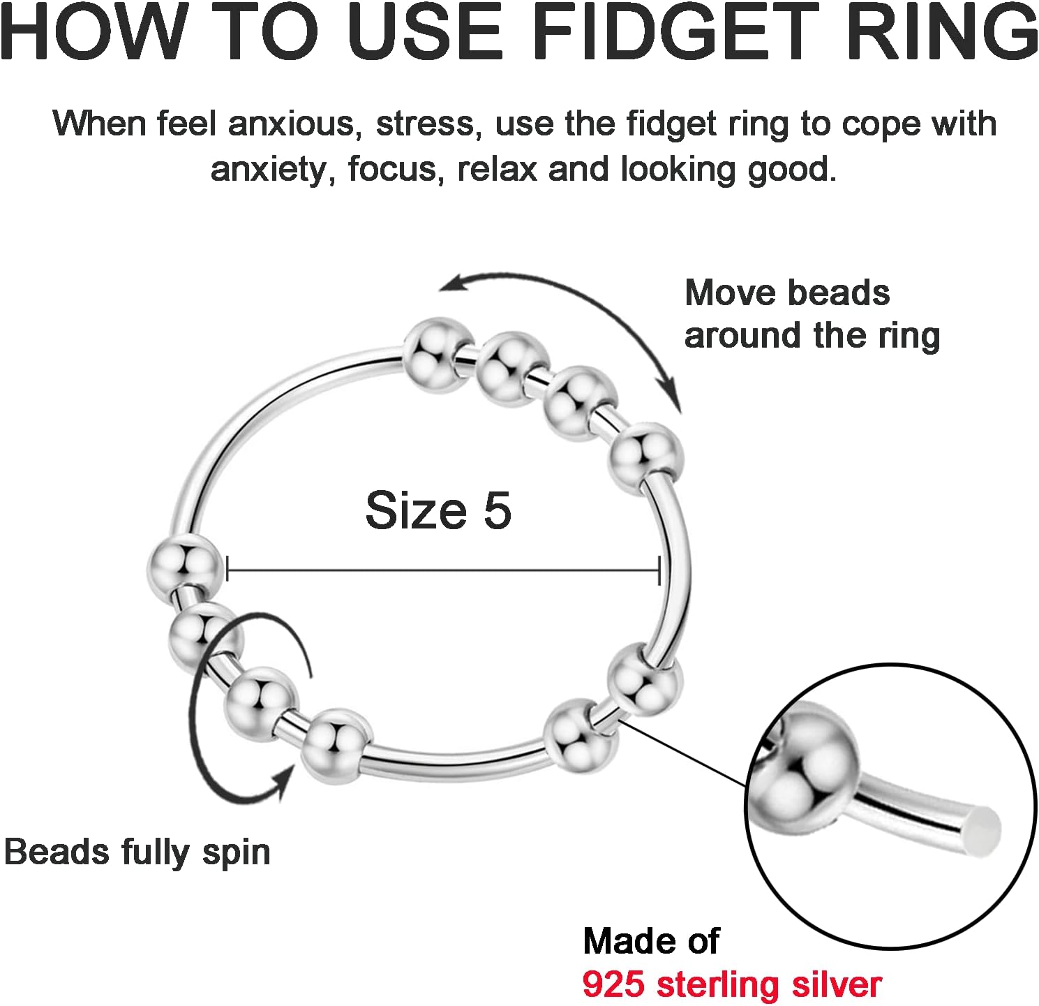 ASGIFT 925 Sterling Silver Anti Anxiety Ring fo Women Men Fidget Rings for Anxiety with Spinner Beads Stress Relief Stacking Rings Daughter Girls Jewelry - Image 4