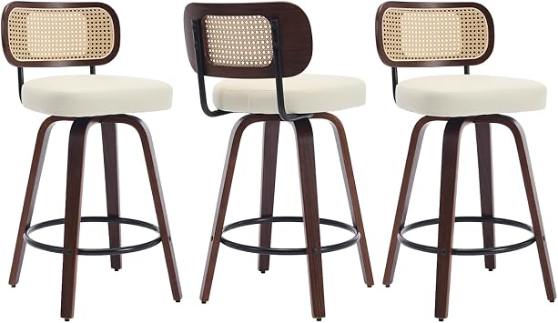 Rattan Bar Stools Set of 3, Swivel Counter Chairs, PU Leather Seat, Beige