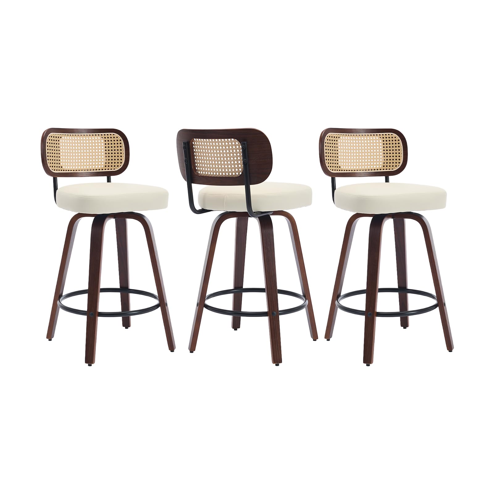 Lot de 3 Tabourets de Bar Pivotants, Assise 65 cm, Dossier en Rotin, Beige