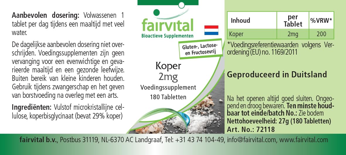 fairvital Rame 2 mg, 180 compresse, facili da deglutire, bisglicinato di rame, qualità testata e ad alto dosaggio, 100% vegano, Made in Germany