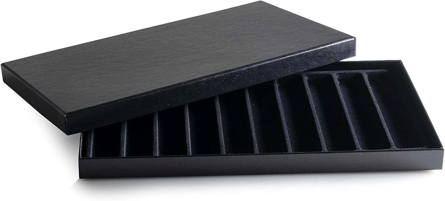 Novel Box Black Paperboard 10 Slot Jewelry Organizer Tray 14.75x8.25x1 Inches with Fitted Lid & Black Flocked Inserts - Jewelry Display Trays for Necklaces, Bracelets, and Chains