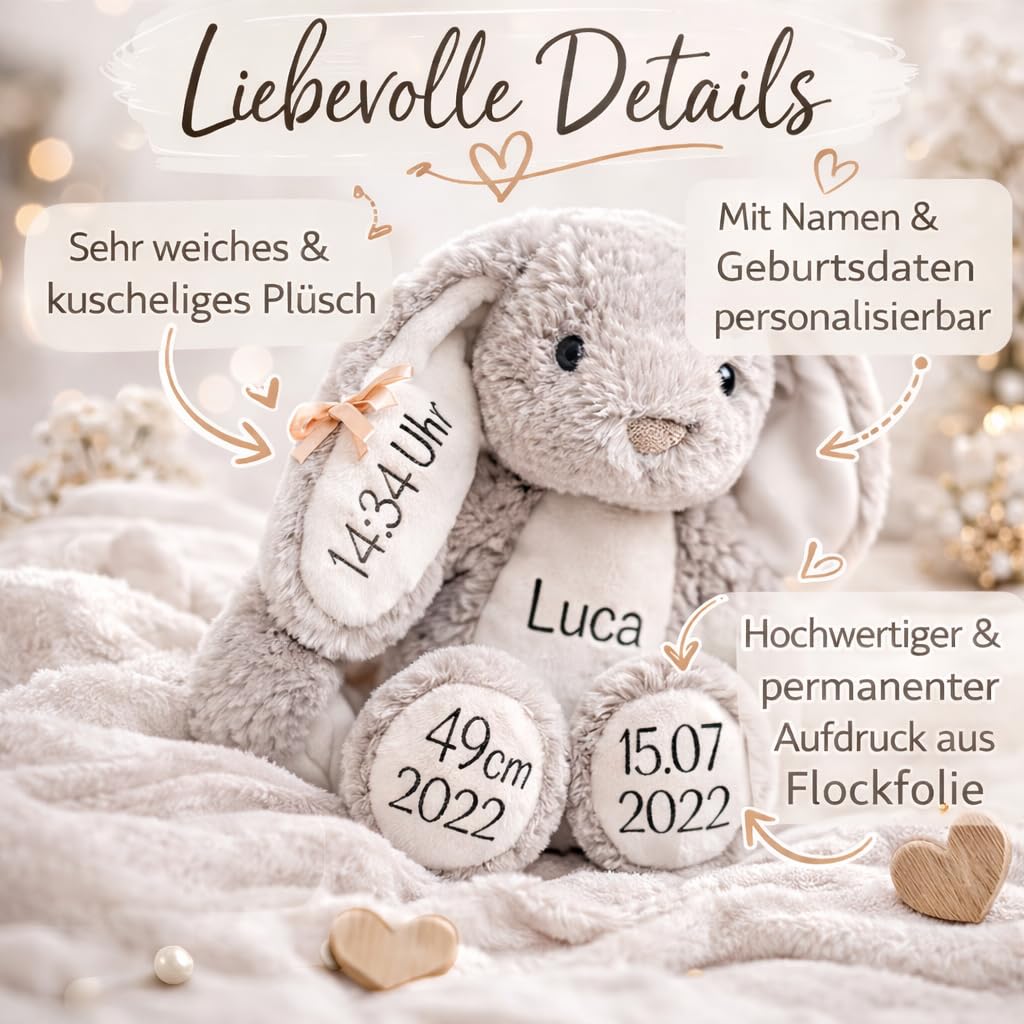 Kuscheltier Hase mit Namen & Geburtsdaten personalisiert – Geschenk zur Geburt, Taufe & Geburtstage, Ostern – Weiches Plüschtier für Babys & Kinder, Rosa Ostergeschenk