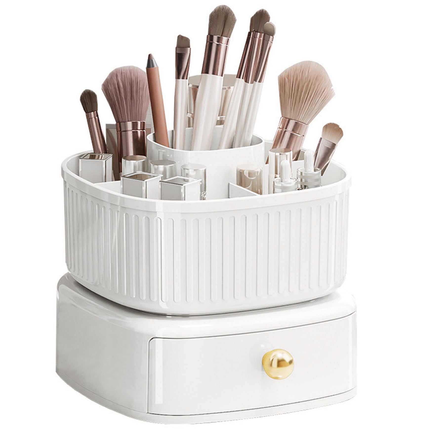 Sjfbebsy 360 Degree Rotating Spinning Makeup Organizer, Makeup Brush Holder with Drawer & Compartment, for Counter Vanity Brushes Eyeliner Lipstick Jewelry