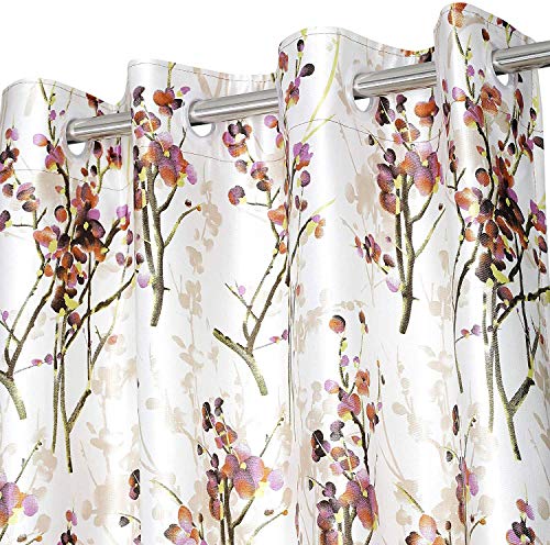 Image of 8 Feet Polyester Floral Light Filtering Long Door Curtains for Living Room, Bedroom & Hall, Eyelet Top, Orange Printed and Solid Plain Curtain Set of 3