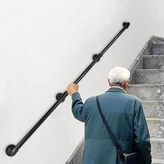 CAVAOSEY 12FT Industrial Pipe Stair Handrail - Wall Mounted Black Railings for Indoor/Outdoor Stairs, Lofts, Decks (3 Sections, 440lbs Support)