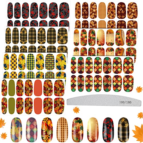 112 Pieces Full Wraps Nail Polish Stickers Self-Adhesive Autumn Thanksgiving Theme Nail Stickers Nail Art Decals Strips