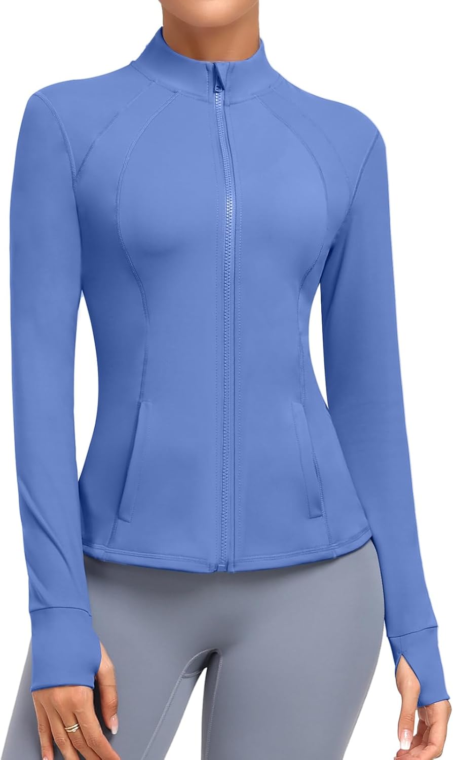 Women's Athletic Full Zip Lightweight Workout Jacket With Pockets Running Slim Fit Yoga Sportwear With Thumb Holes