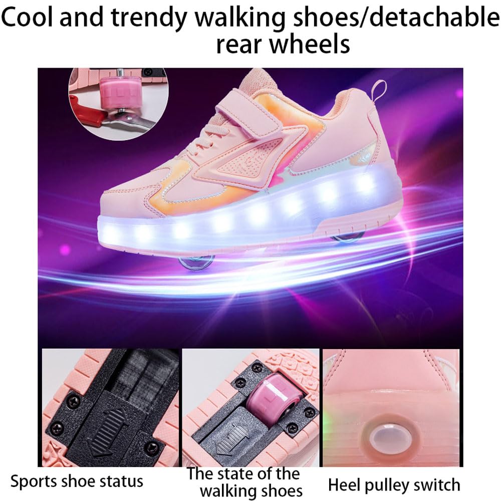 Wrotki dziecięce wrotki, LED z świecącymi kółkami, unisex, dla chłopców, dziewcząt, sportowe trampki ze zdejmowanymi kółkami, ładowalne, tryb 2 w 1, jazda na łyżwach