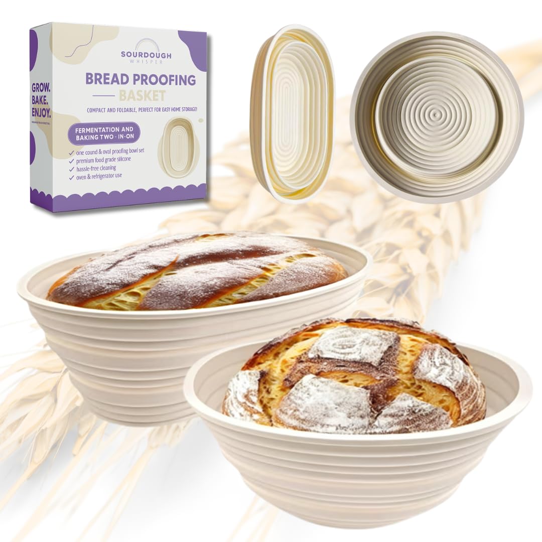 Premium Silicone Sourdough Banneton Bread Proofing Basket - Includes Oval & Round Foldable proofing Bowls (9.5 Inch) - Oven & Dishwasher Safe, Gifts for Artisan Bakers - Beige