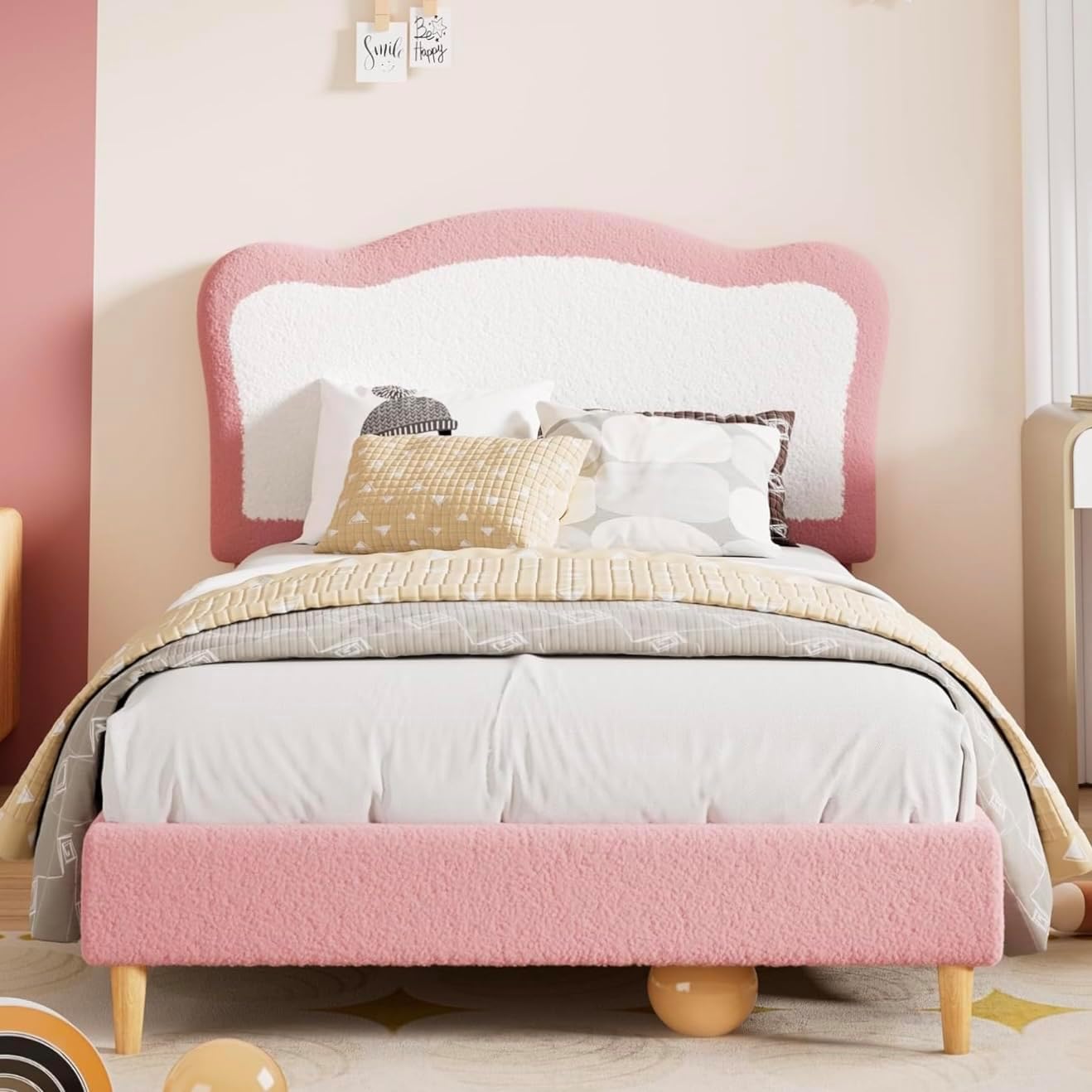 GAOMON Full Size Bed Frame for Kids, Boucle Upholstered Platform Bed with Headboard for Girls Boys, Wooden Slats Support, No Box Spring Needed/Noise-Free/Easy Assembly, Blue & White