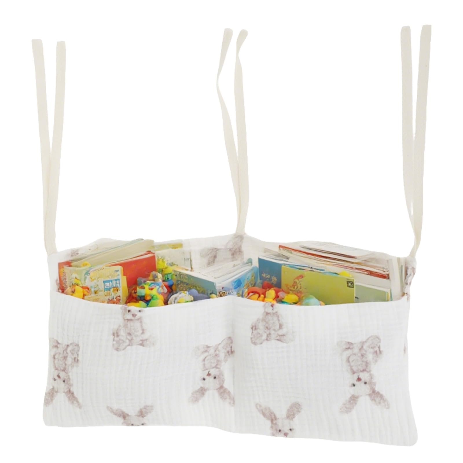 Cotton Baby Bedside Hanging Storage Bag, 2-Pockets Baby Crib Side Organizer Crib Hanging Organizer, Diaper Stacker Classified Storage Bag Organizer for Nursery Diapers Wipes Baby Essentials (White)