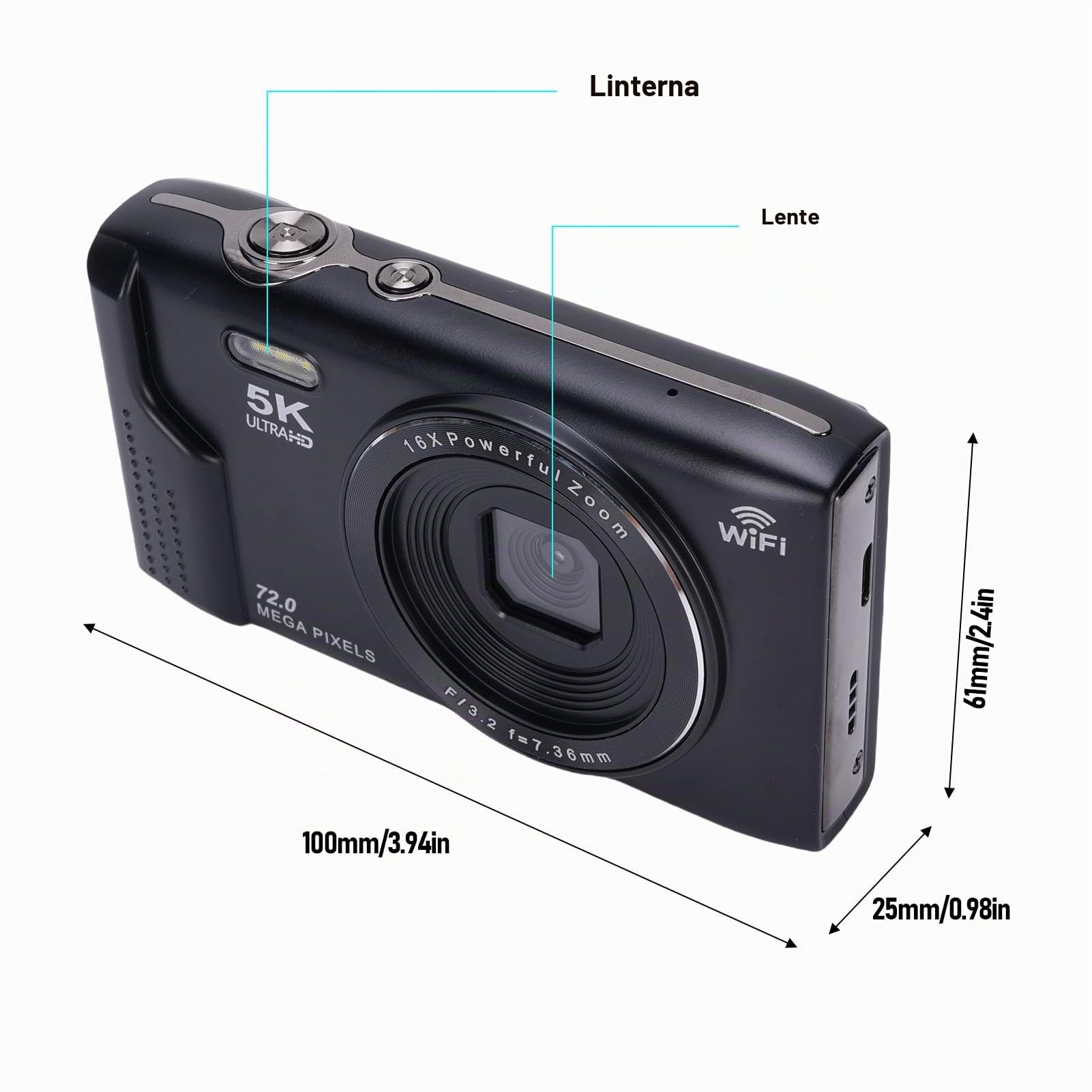 Cámara Digital de 5k 72MP con WiFi, 16x Zoom óptico, 2.8 LCD, 1200 MAh Battery Vlogging Camera para Viajar, Youtube, Soporte de 128 GB (Enfoque Automático, Modo Macro, Cámara