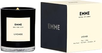 EMME nyc Scented Candle Jar - Black Glass, Soy, Natural, Non-Toxic, Pet-Safe, Up to 60 Hours Burn Time, Wood Wick, Strong Scent, Cruelty-Free, 10 oz - Best Smelling Scented Candles Lychee