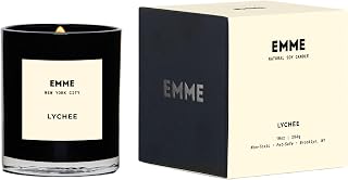 EMME NYC Scented Candle Jar - Black Glass, Soy, Natural, Non-Toxic, Pet-Safe, Up to 60 Hours Burn Time, Wood Wick, Strong Scent, Cruelty-Free, 10 oz - Best Smelling Scented Candles (Lychee)