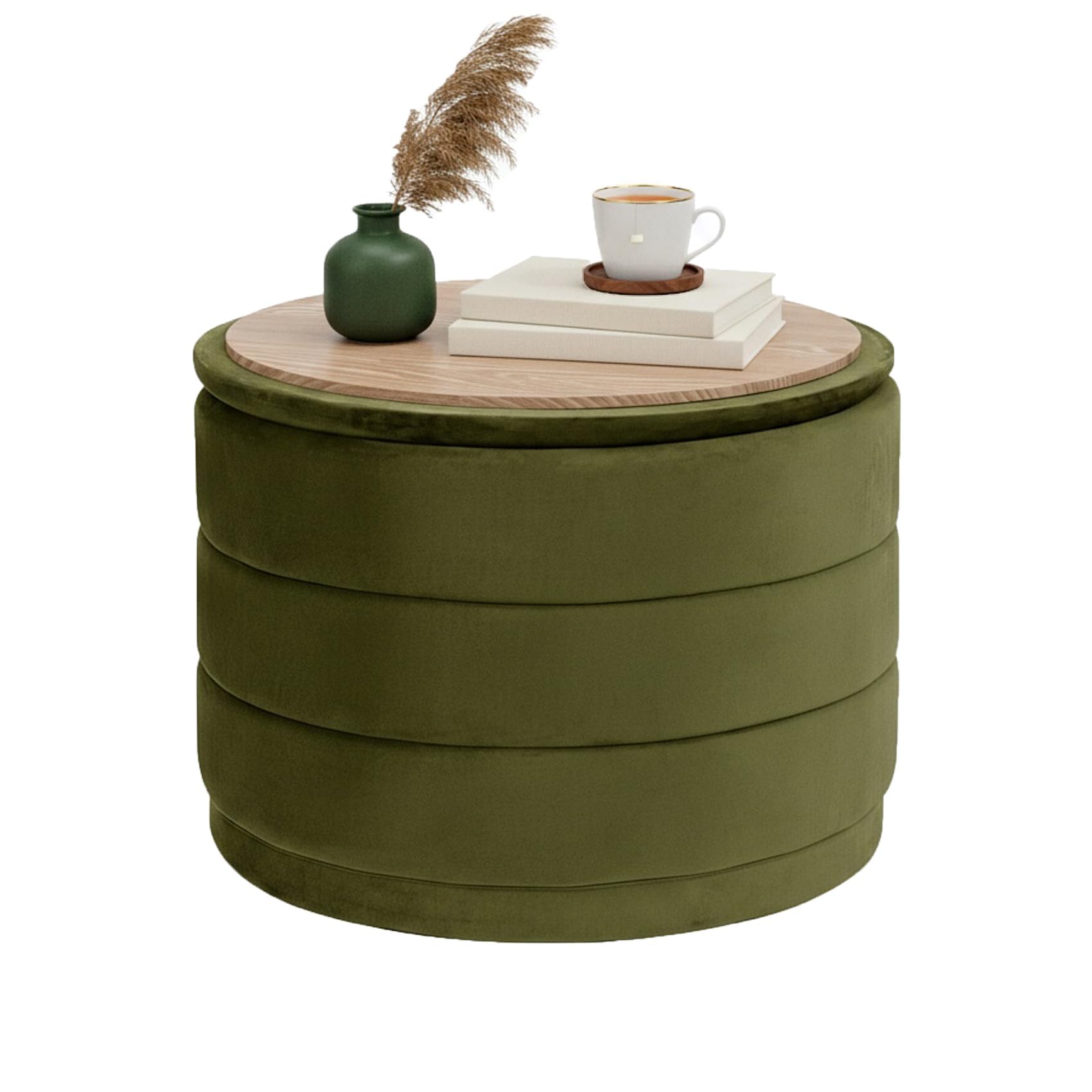 Bonlife Large Storage Ottoman Round - Folding Foot Rest with Hidden Storage, Olive Velvet 58x58x44cm for Living Room, Bedroom & Hallway