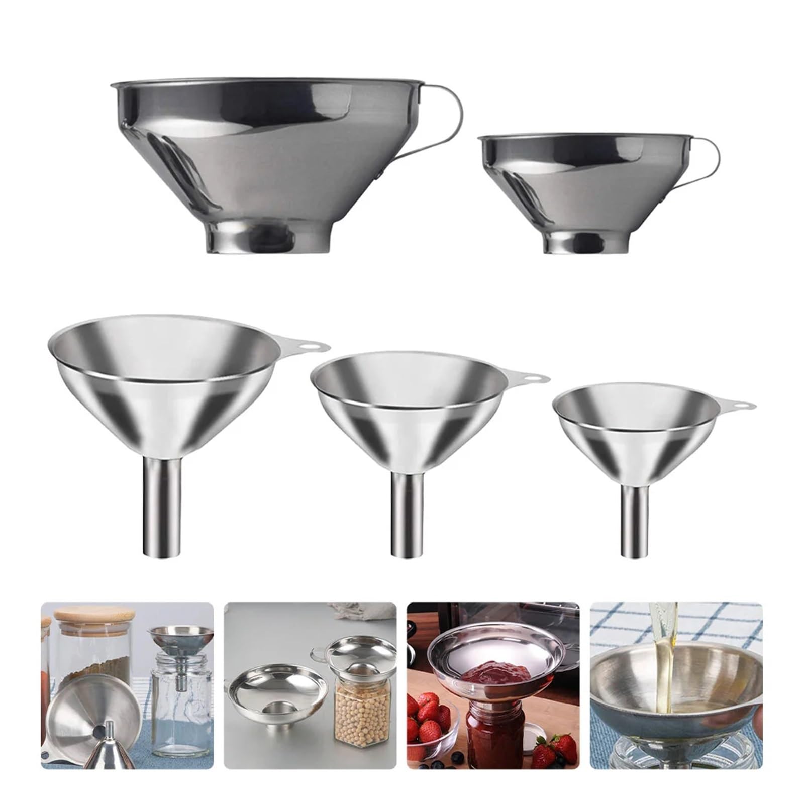 Embudo de acero inoxidable Paquete de 5 embudos de acero inoxidable plateados de varios tamaños, accesorios de cocina