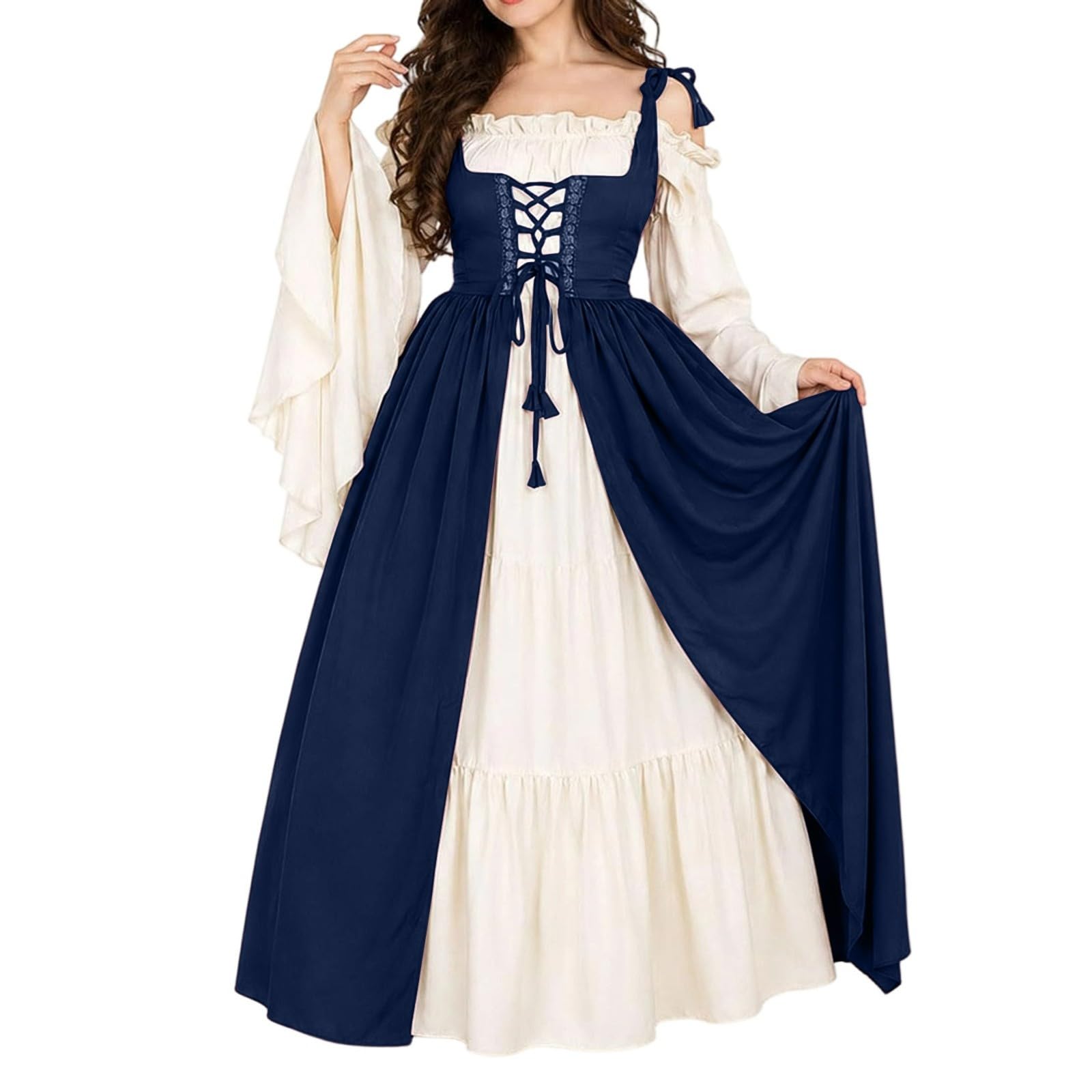 Vestito Donna Medievale Corpetto Lacci Maniche Ampie Gonna Lunga