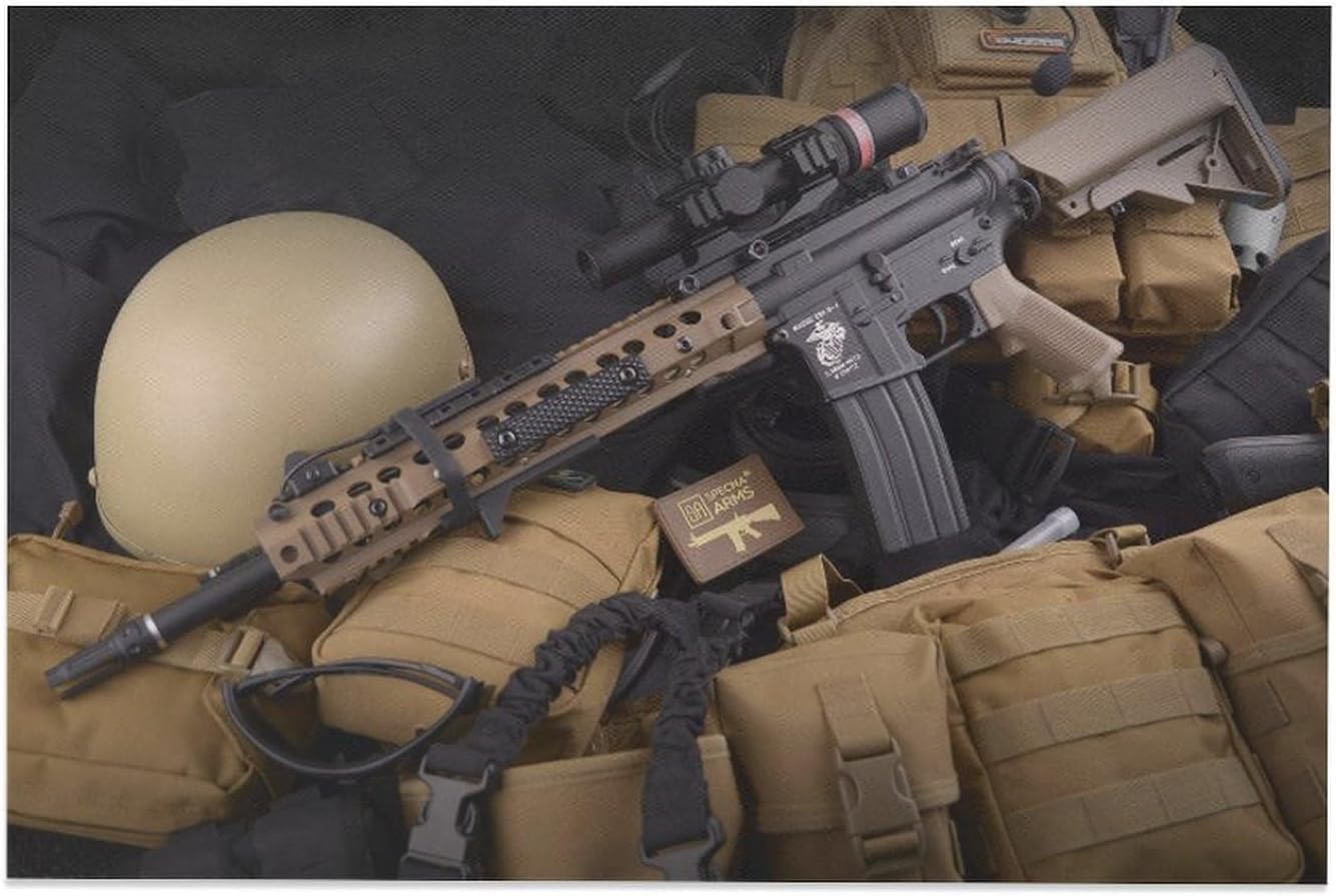 ఎయిర్గన్ కోల్ట్ M4A1 కార్బైన్ AEG కాన్వాస్ పోస్టర్, ఎయిర్గన్ మరియు మిలిటరీ గేర్ యొక్క వివరణాత్మక ముద్రణను చూపిస్తుంది.