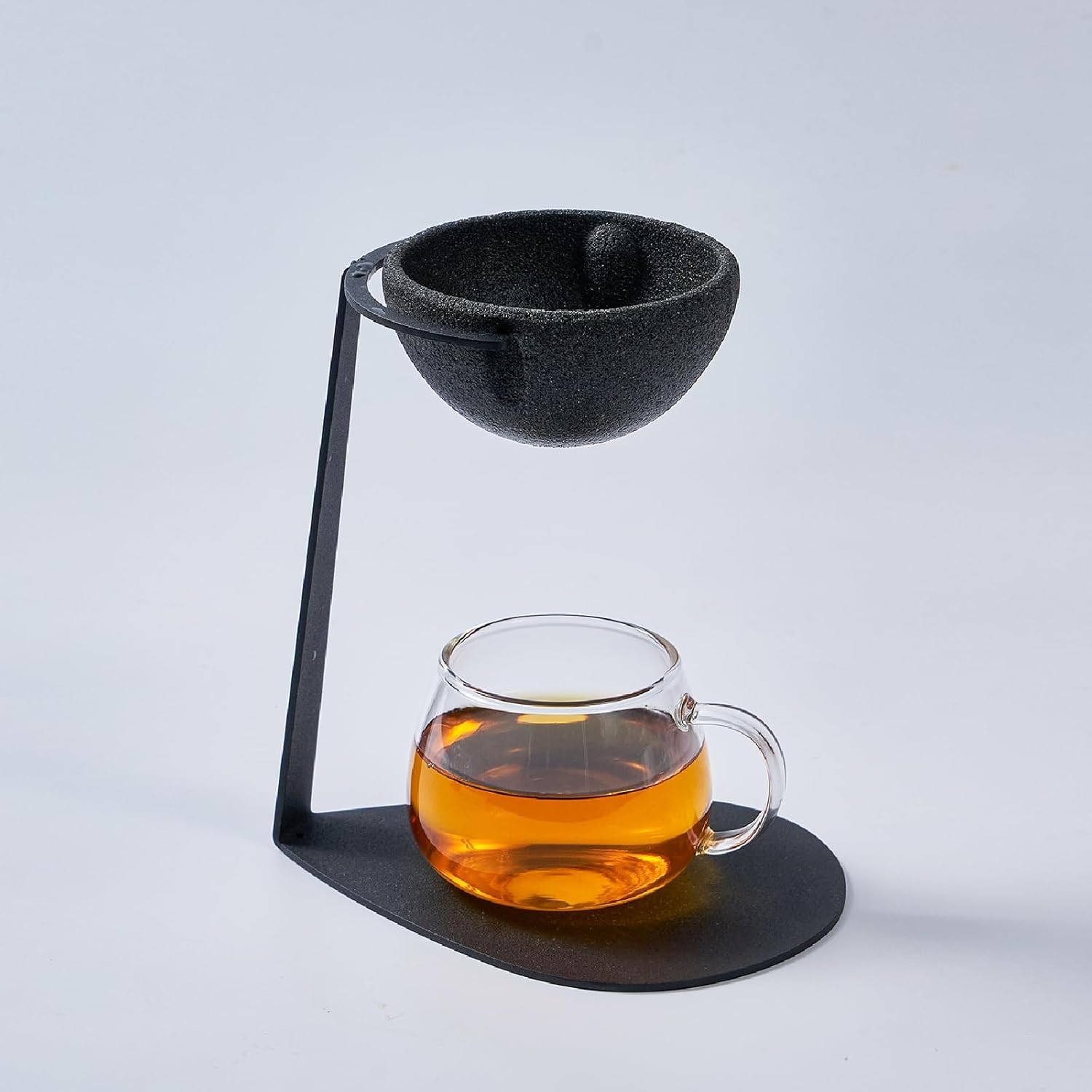 Ceramic Tea Strainer with 50 Micron Nano Filter – No Hole Gongfu Tea Infuser with Iron Stand – Enhances Flavor, Softens Water, Filters Tea Dust – Japanese Zen Style, Black Clay