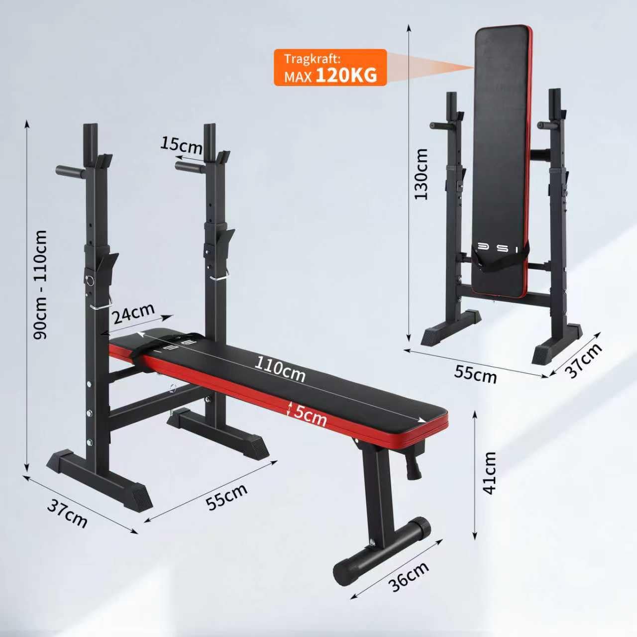 ISE Hantelbank, faltbar, verstellbar, mit Stangen, für Hanteln und Dips, Trainingsbänke, verstellbar, Rot / Schwarz 544-BK, Weiß / Schwarz, 544-WH