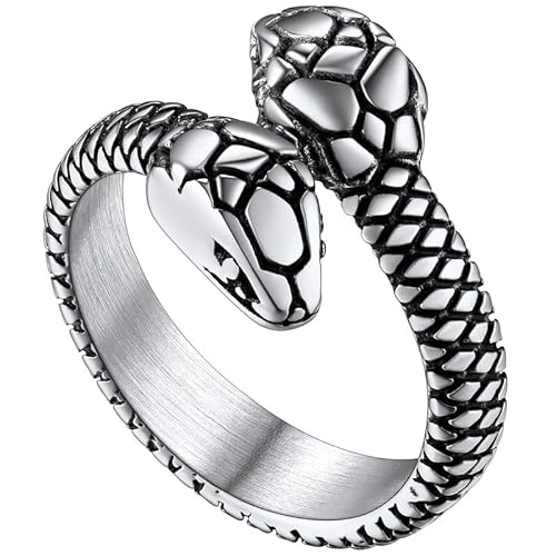 ChainsHouse Men Women Stainless Steel/18K Gold Plated/Black Snake Ring, Retro Punk Gothic Jewelry Antique Octopus Serpent Reptile Rings (with Gift Box) 02-Two-headed-Steel 10