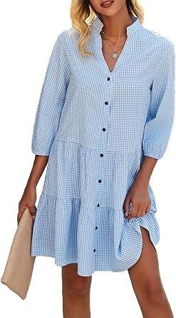 Plaid Print Shirt Dresses Button Up 