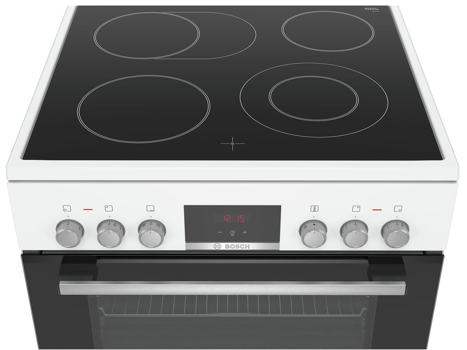 Bosch HKR39C220 Série 4 Cuisinière électrique, 60 cm de large, EcoClean Direct, aide au nettoyage, cuisson à air chaud 3D sur 3 niveaux, contrôle d'affichage LED, zone de cuisson extensible pour