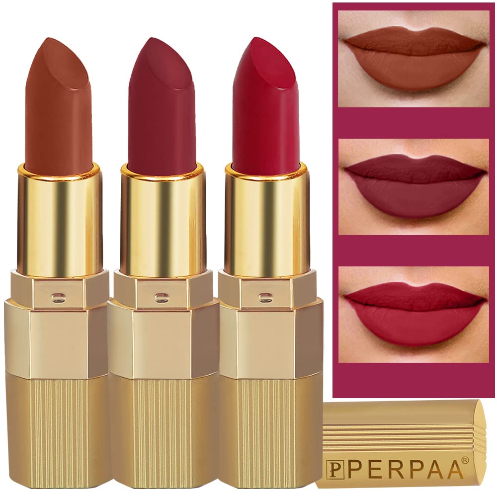 PERPAA® Xpression Weightless Creamy Matte Lipstick Combo of 3 (Matte Rust Brown ,Matte Apple Red ,Matte Maroon)