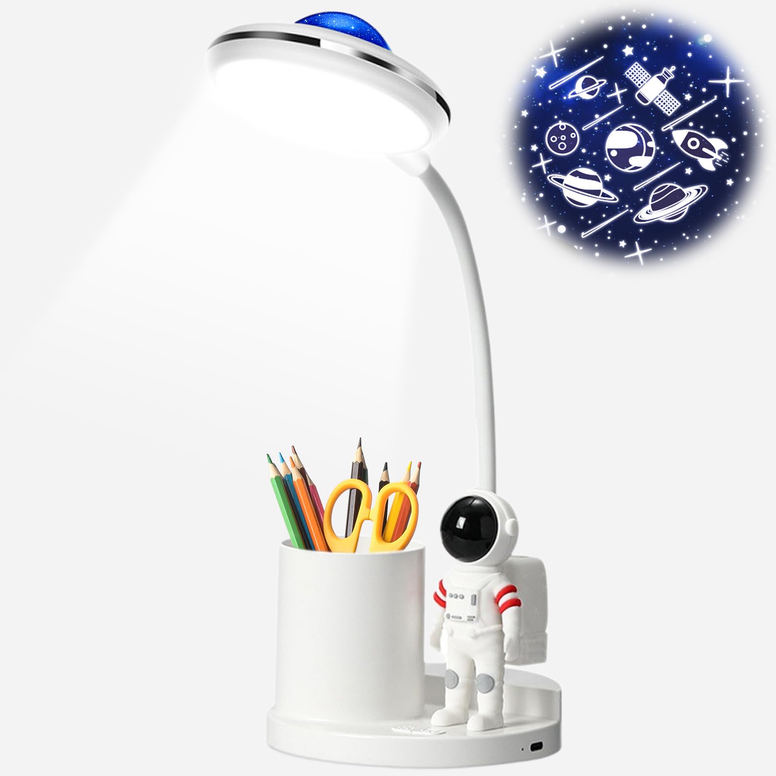 lampada da scrivania e comodino per bambini, astronauta, con portapenne e proiezione, livello di luminosità dimmerabile, ricaricabile, protezione