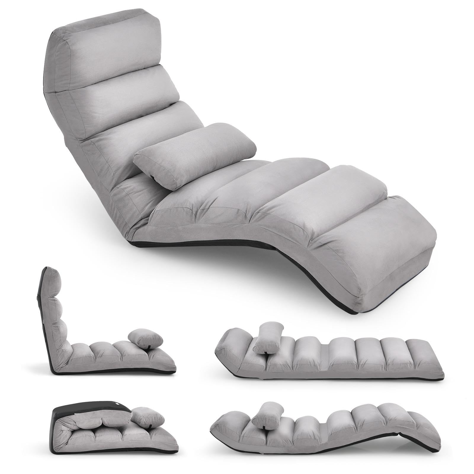 COSTWAY Fauteuil Relax Salon en Faux Daim Pliable, Réglable sur 5 Positions Chaise de Relaxation Rembourrée Fauteuil Sol pour Salon, Mobilier de Bureau, Chambre (Gris)