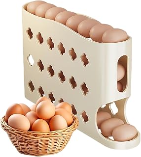 Anti-Slip Open Top Roll Down Fridge Egg Organizer | Refrigerator Egg Rack - Auto Rolling Freshness Preservation For Dorm Office Apartment Kitchen Dining Room Countertop, Large Capacity, 32x18cm