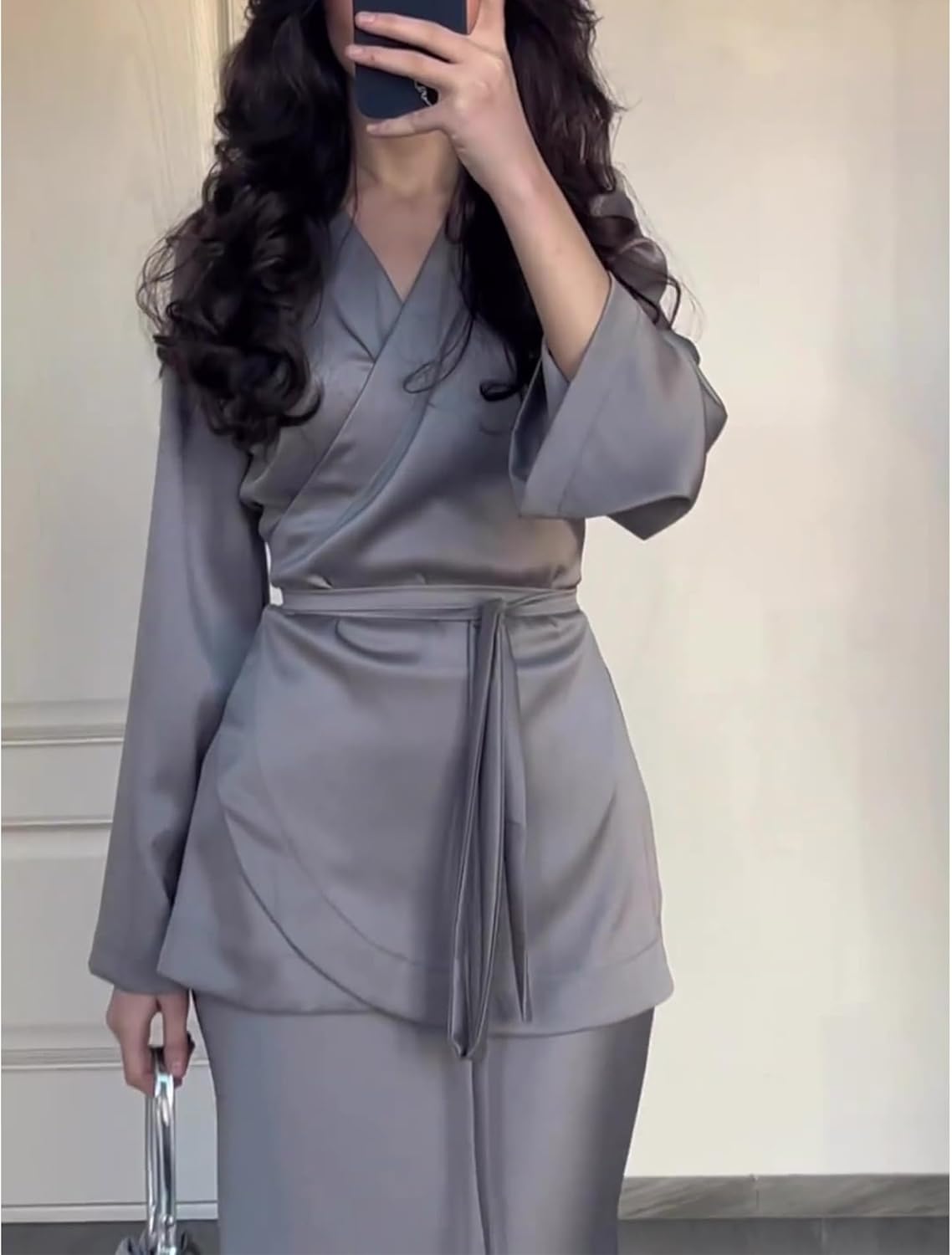 xxxiticat Women's Satin Skirt Set Long Sleeve Lace Up Cardigan Top High Waist Flared Hem Long Skirt Two Piece Matching Set