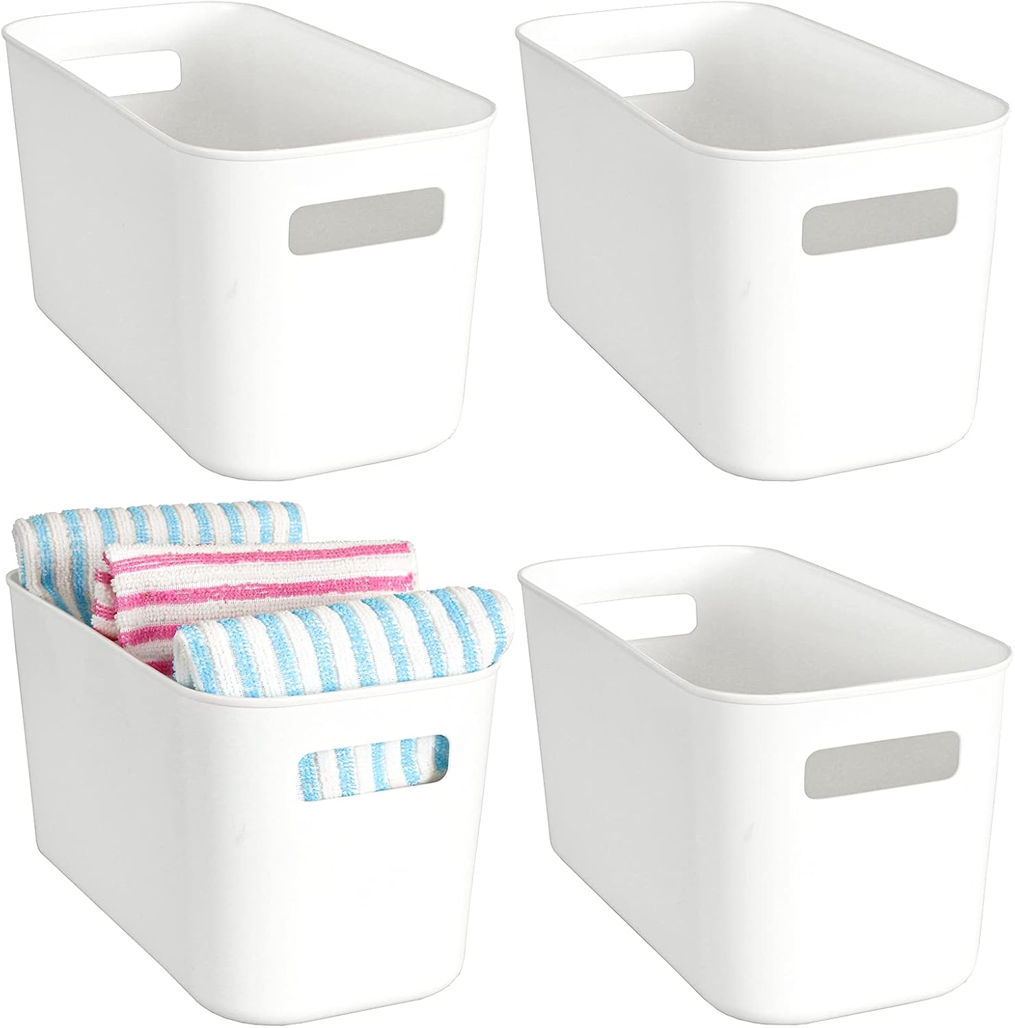 Yopay 4 Pack Plastic Storage Bin with Handle, White Bathroom Kitchen Organizer Bin for Organizing Hand Soaps, Body Wash, Shampoos, Lotion, Conditioners, Hand Towels, Cosmetic, Snacks, Seasoning
