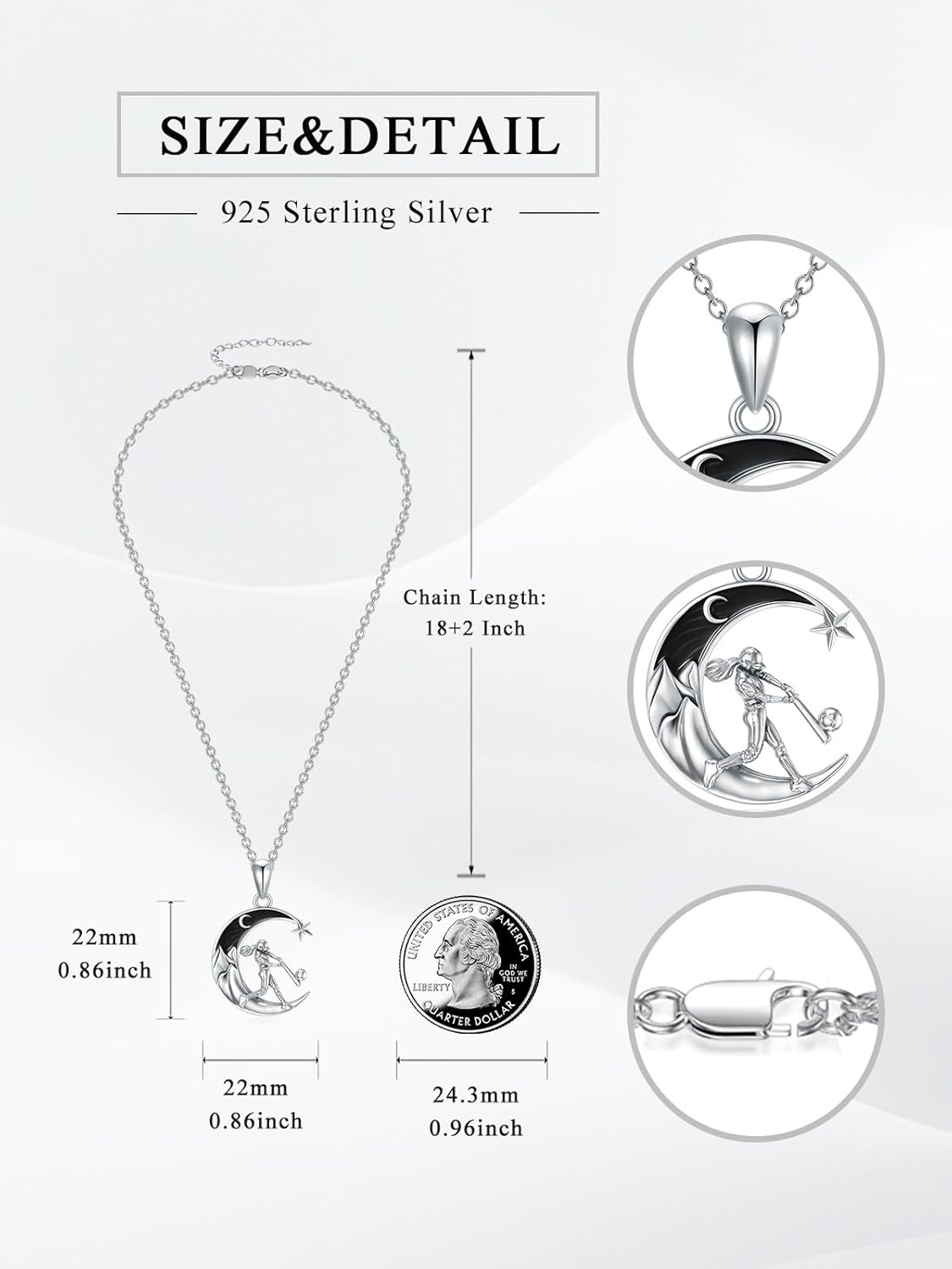 Sterling Silver Sport Necklace Basketball/Football/Softball/Golf /Tennis/Running/Gymnastics/Ballet/Reading/Violin Pendant Black Crescent Moon Necklace Gothic Sport Jewelry Graduation Gifts for Women Sports Team Fans