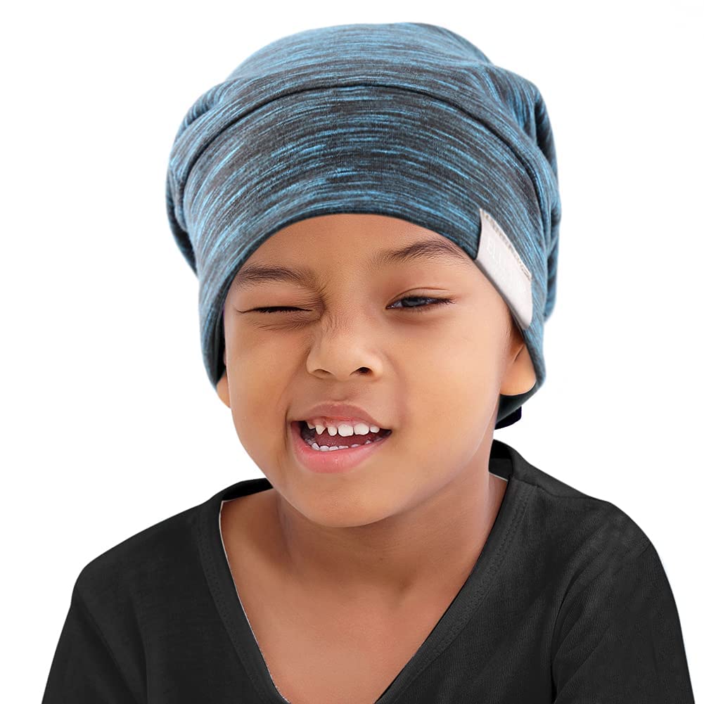 Kids Beanie Sleep Hats Bonnet for Child Curly Frizzy Hair Daily | Night Sleep Cap Silky Lined Satin Bonnet with Adjustable Elastic Band for Teen Toddler Hair Cover Running Sports (Blue Black)