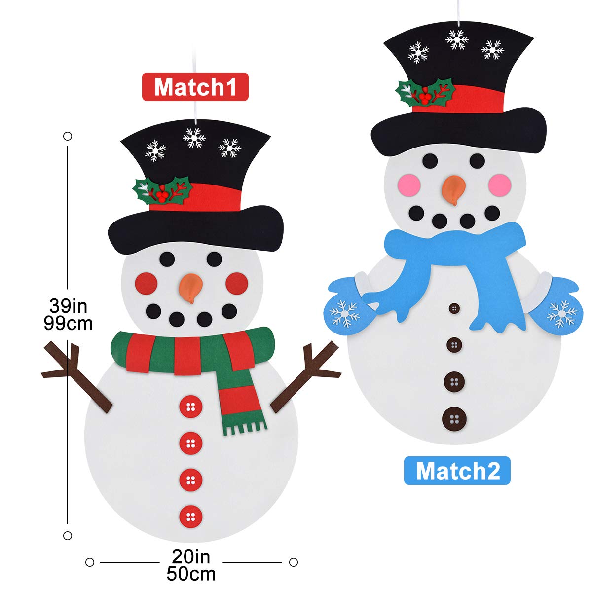 Greenleaf 28pcs DIY Felt Snowman Set including Detachable Ornaments, 19x39 Inches Xmas Wall Hanging Games for Christmas Decorations - Image 3