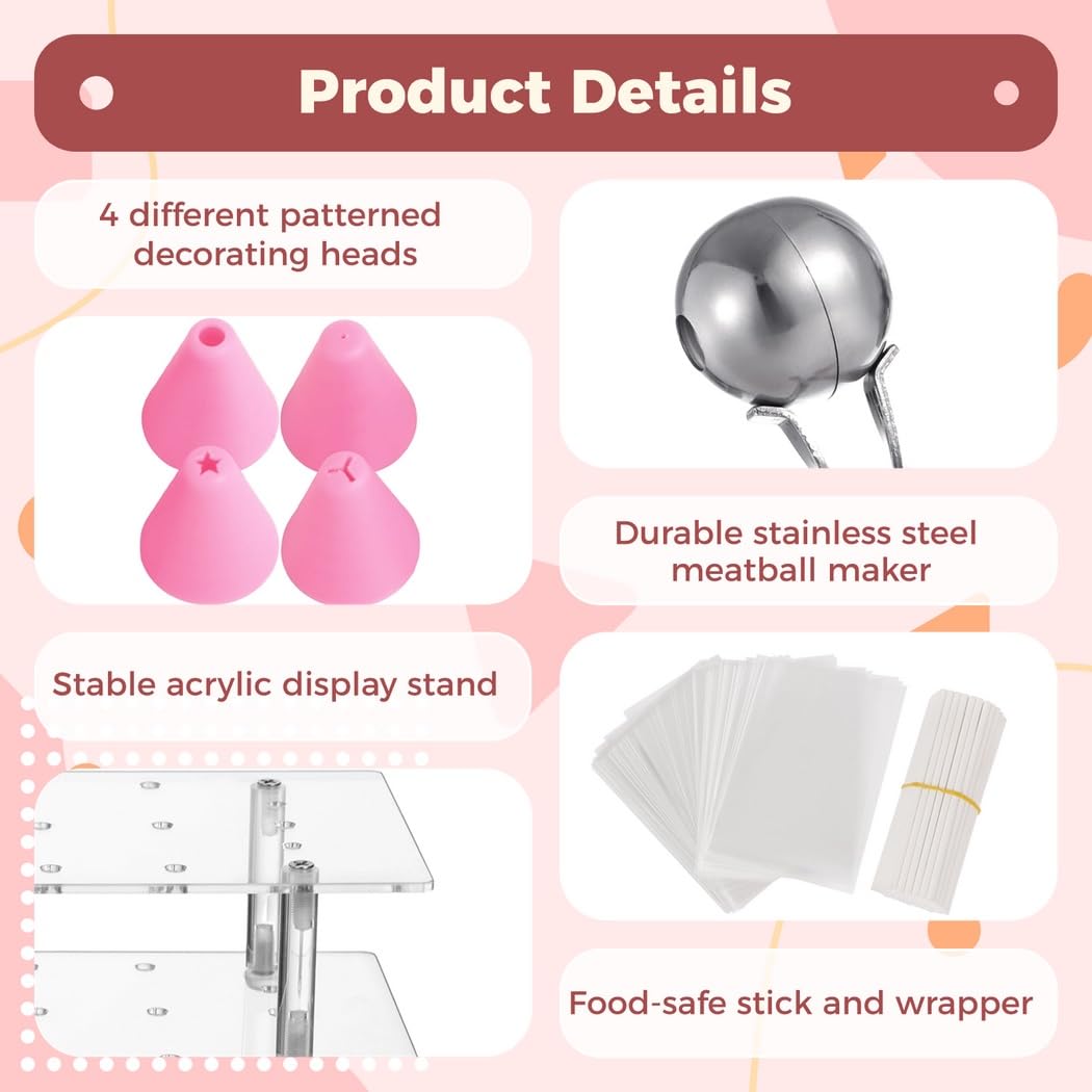 Cake Pop Maker Set, Lutscherbeutel-Set mit 100 Sticks, 100 Hüllen, 100 Drahtbindern, 1 Ständer, 1 Deko-Stift, 1 Kugelportionierer mit Griff für Cake Pops und Süßwaren