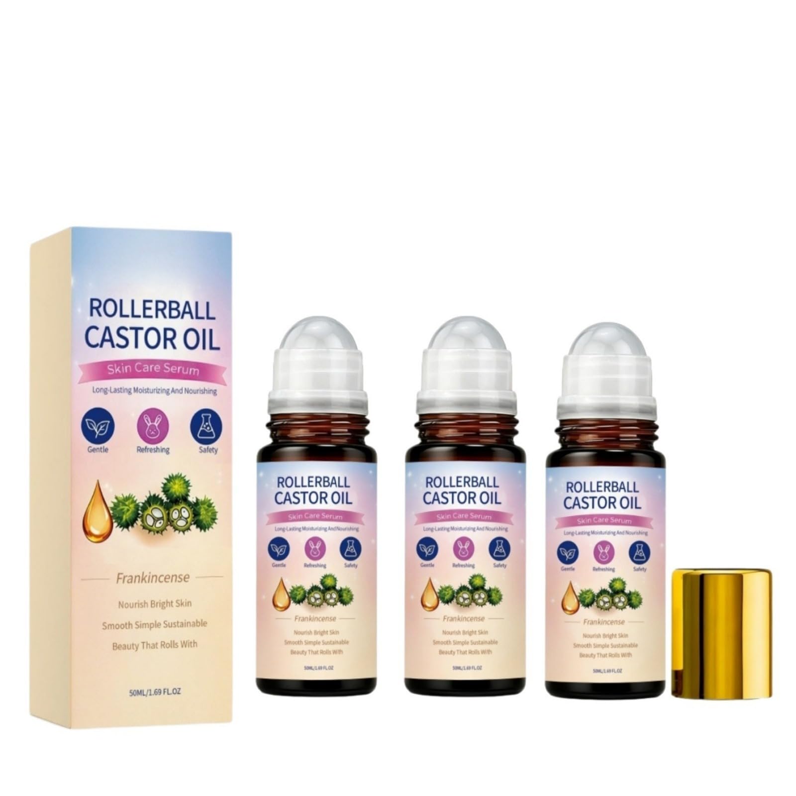 Organic Castor Oil Rose Quartz Roller Ball, Deep Hydration Skin Moisturizer, Castor Oil Roll On do twarzy, ciała, włosów, ujędrnienia i gładkiej skóry - Do wszystkich rodzajów skóry
