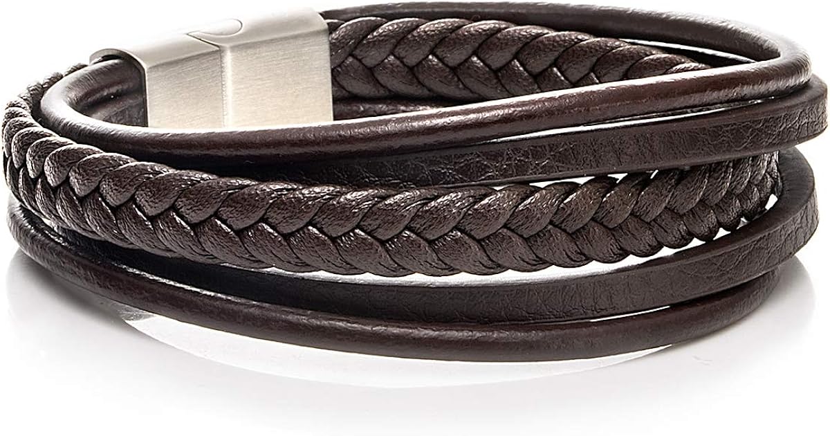 Touyony men's bracelet, classic leather woven bracelet, multiple weave, simple and subdued, magnetic clasp, brown/black: Clothing