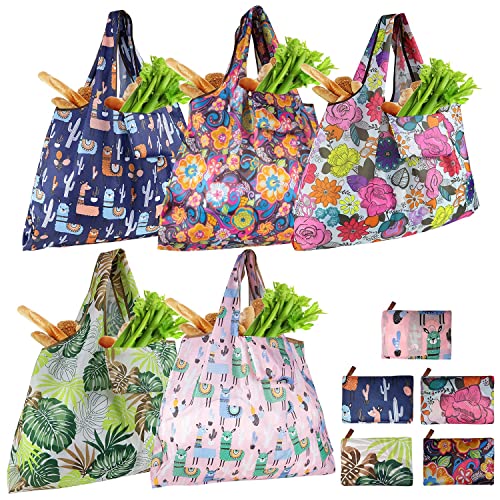 Ravmix 5-Pack Shopping Bags Reusable Foldable XX-Large 55LBS Washable Grocery Bags Rip-stop Tote Bag Shoulder Bag for School Travel Daily Beach Bags Fits in Pocket, Cute Cat Dog Owl Cactus Printing